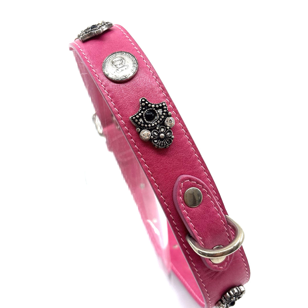 COLLIER CUIR SOUPLE ROSE AVEC DECORATION INCAS ET PIECES TAILLE 63 A 68 CM X 4 GRAND CHIENS