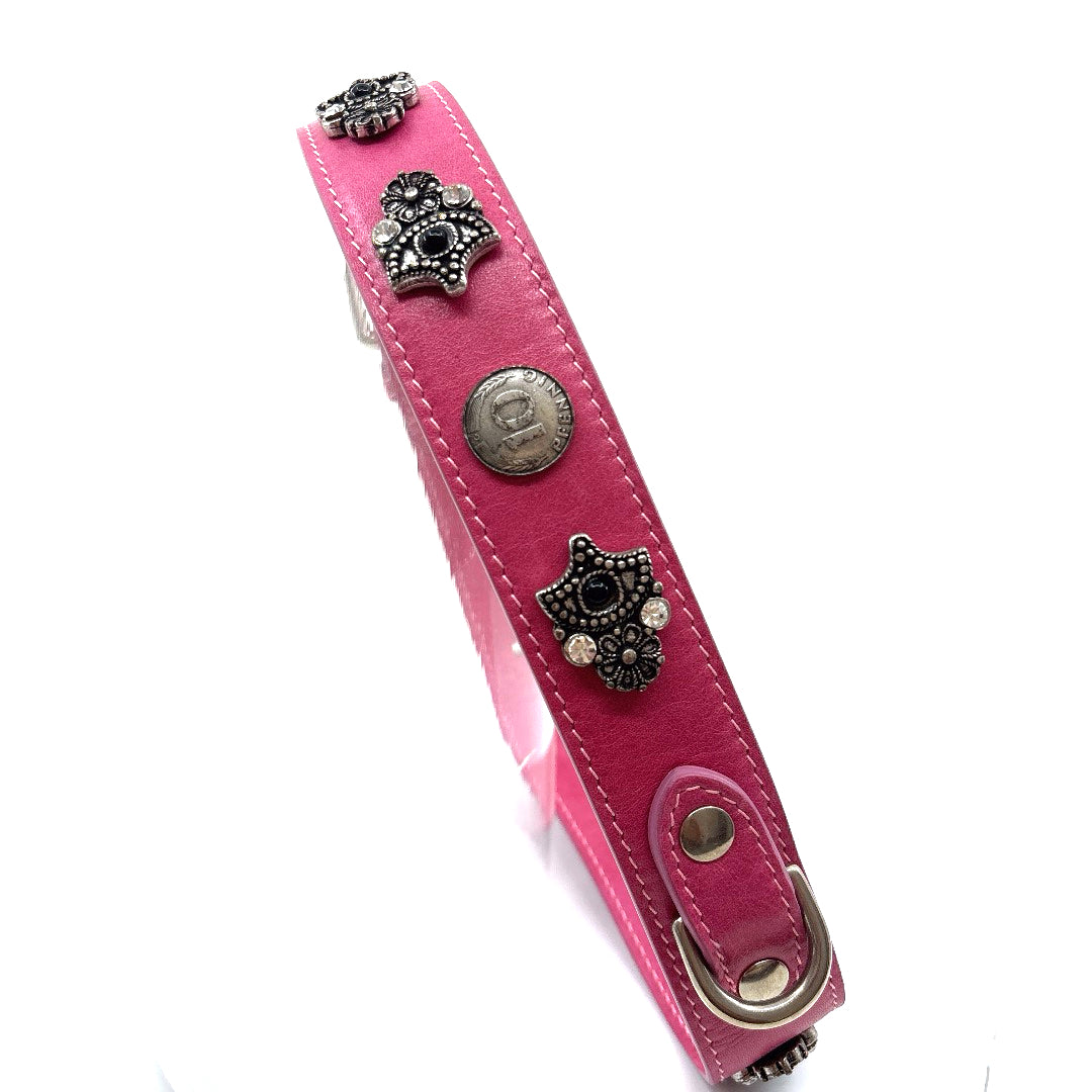 COLLIER CUIR SOUPLE ROSE AVEC DECORATION INCAS ET PIECES TAILLE 63 A 68 CM X 4 GRAND CHIENS