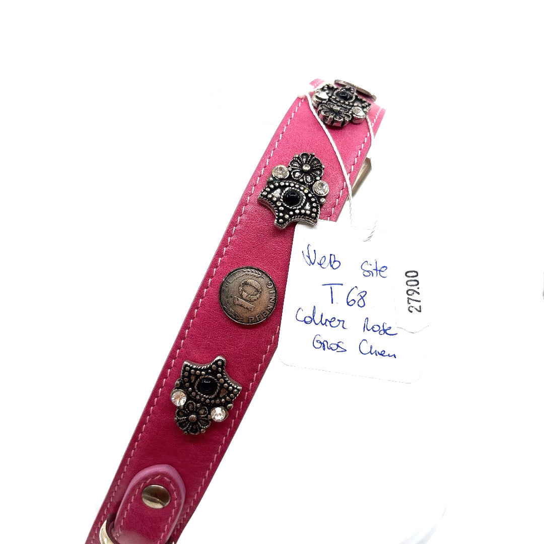 COLLIER CUIR SOUPLE ROSE AVEC DECORATION INCAS ET PIECES TAILLE 63 A 68 CM X 4 GRAND CHIENS