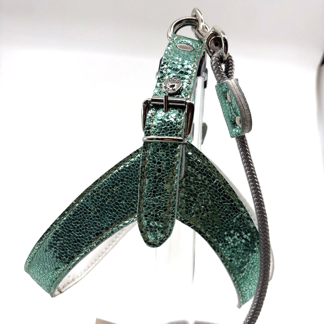 Harnais cuir souple confortable et chic vert d’eau paillettes vendu avec sa laisse