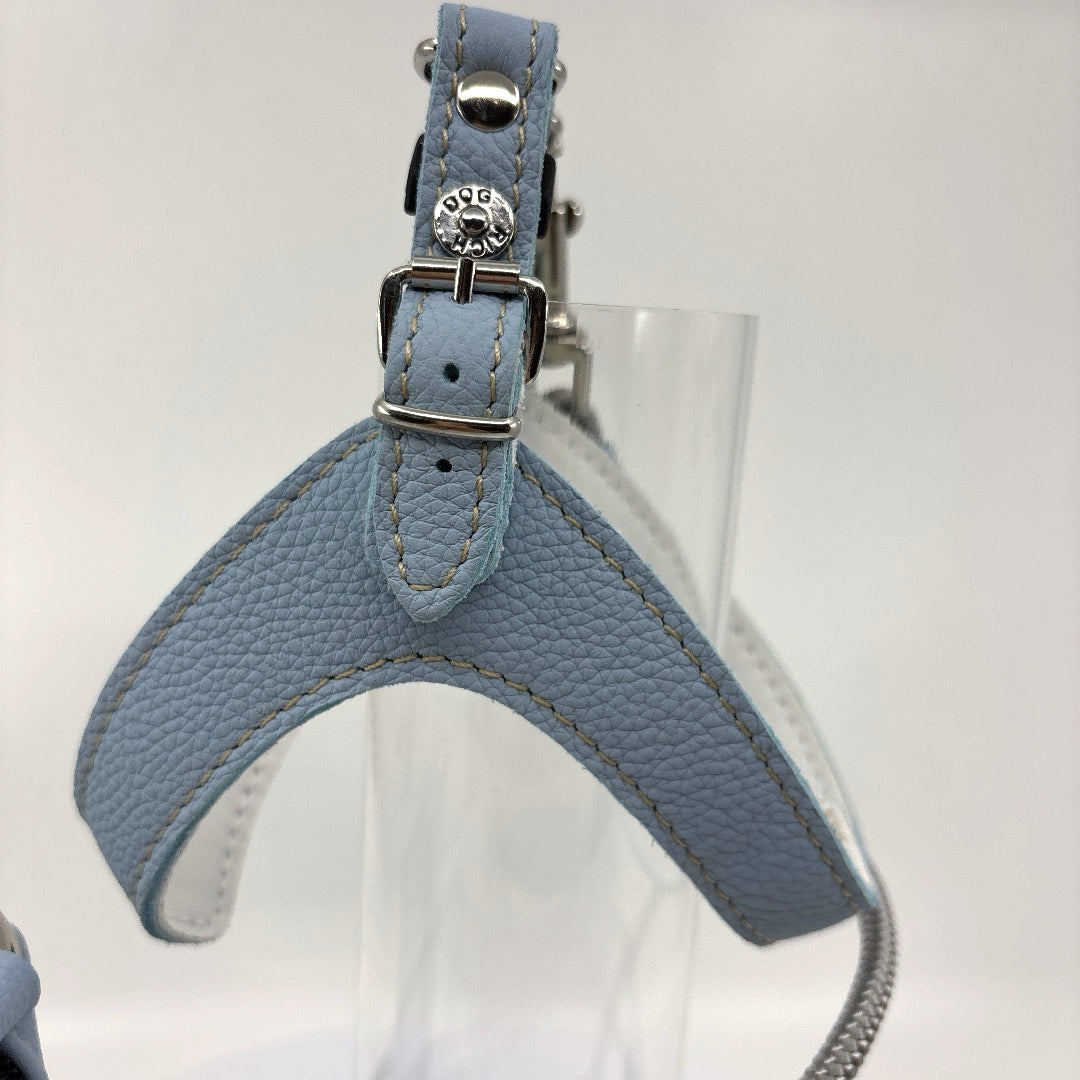 Harnais cuir souple confortable et chic bleu baby vendu avec sa laisse