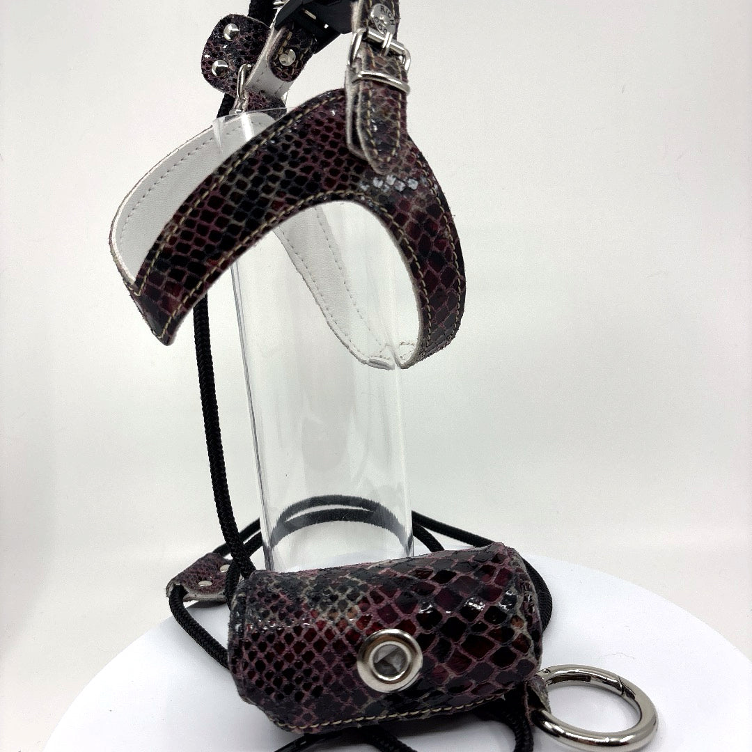 Harnais cuir souple confortable et chic reptile Violet vendu avec sa laisse