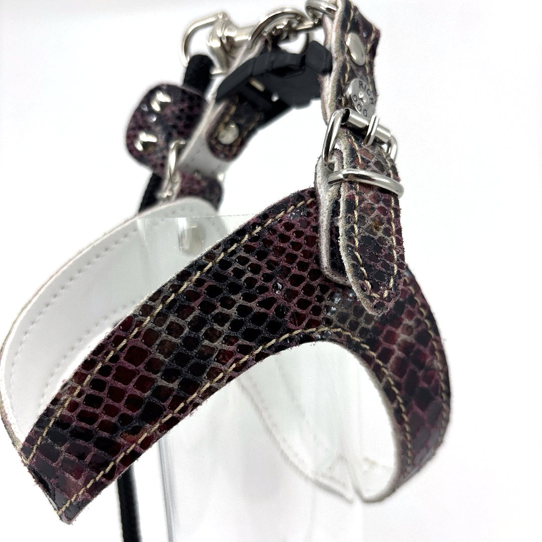 Harnais cuir souple confortable et chic reptile Violet vendu avec sa laisse