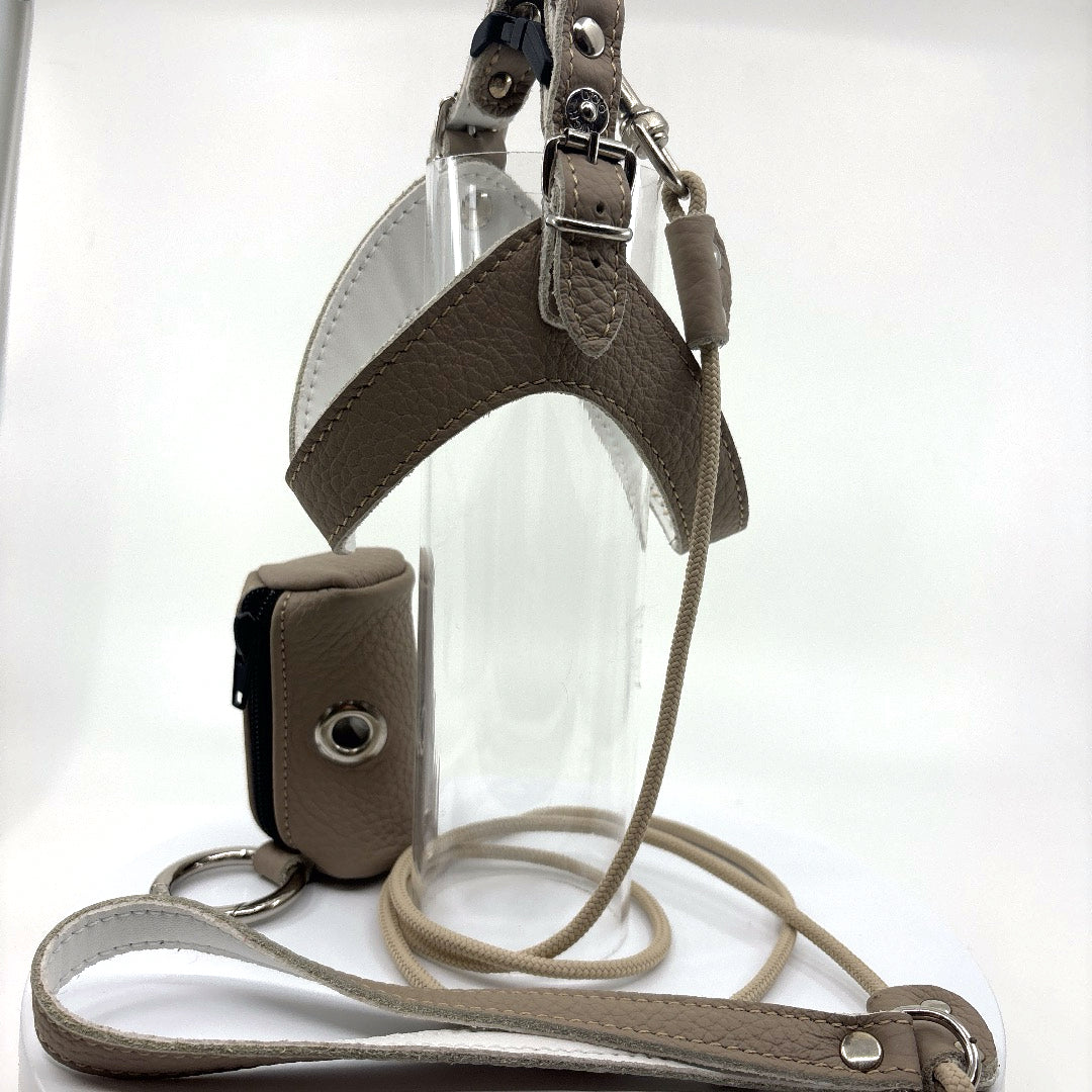 Harnais cuir souple confortable et chic taupe vendu avec sa laisse