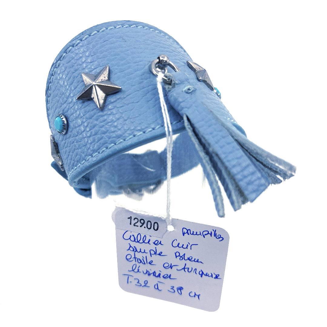 COLLIER CUIR SOUPLE BLEU BABY PAMPILLE CONVIENT A LEVRIER TAILLE 32 A 38 CM