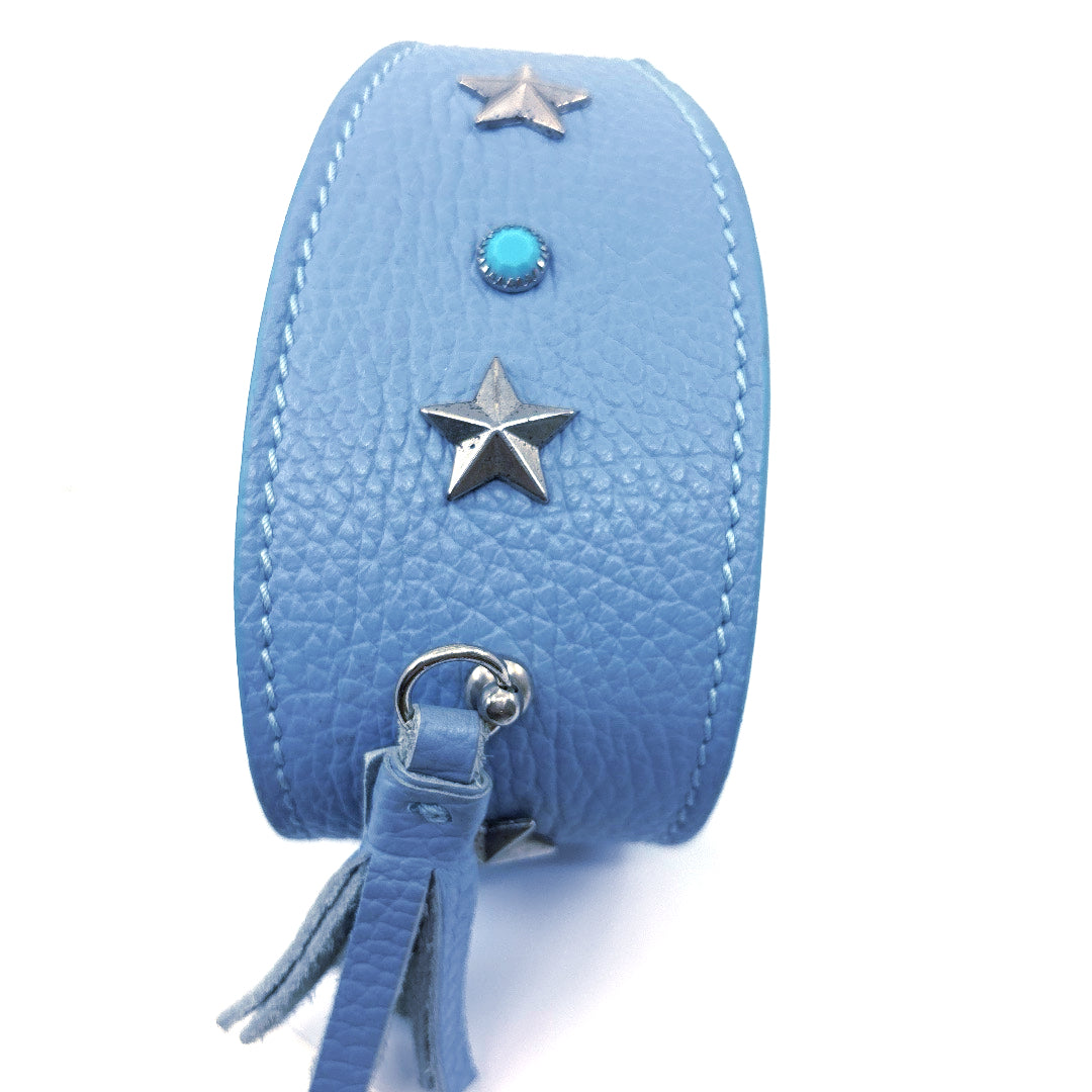 COLLIER CUIR SOUPLE BLEU BABY PAMPILLE CONVIENT A LEVRIER TAILLE 32 A 38 CM
