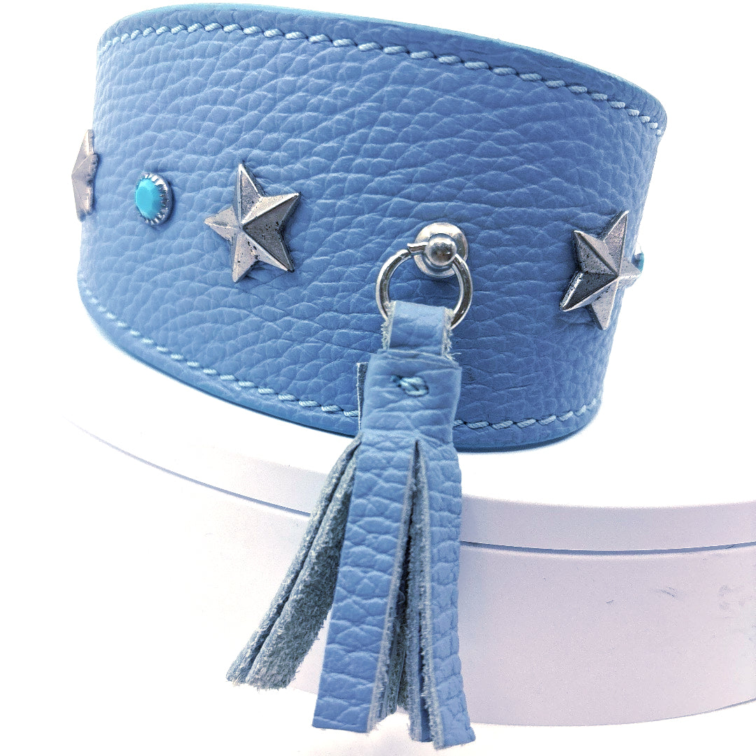 COLLIER CUIR SOUPLE BLEU BABY PAMPILLE CONVIENT A LEVRIER TAILLE 32 A 38 CM