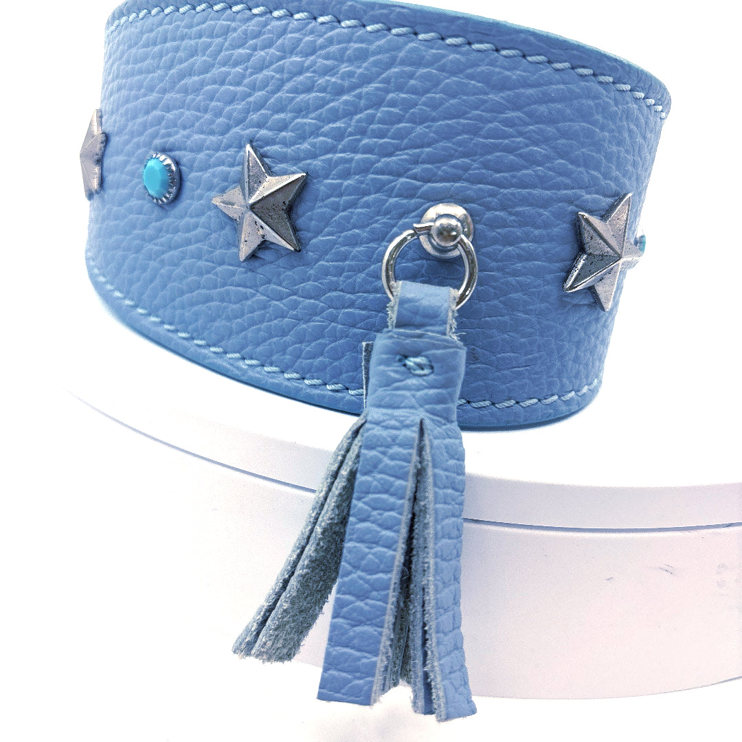 COLLIER CUIR SOUPLE BLEU BABY PAMPILLE CONVIENT A LEVRIER TAILLE 32 A 38 CM