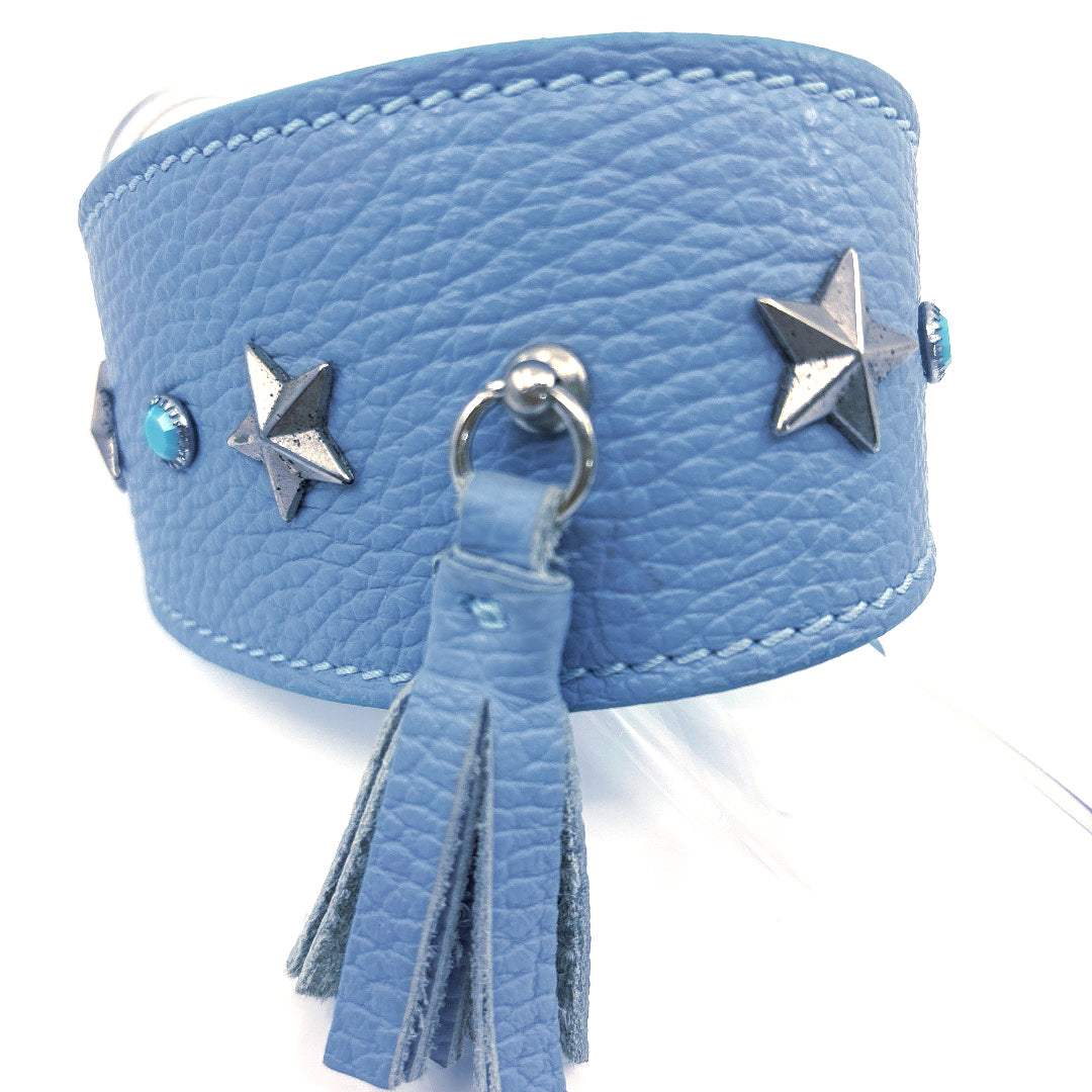 COLLIER CUIR SOUPLE BLEU BABY PAMPILLE CONVIENT A LEVRIER TAILLE 32 A 38 CM
