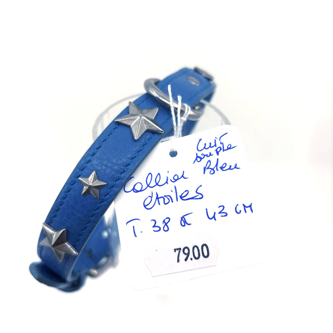 COLLIER CUIR SOUPLE BLEU AVEC ETOILES TAILLE 38 à 43 cm largeur 1.5 cm