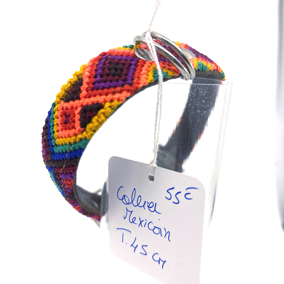 COLLIER MEXICAIN CUIR ET TISSU MULTICOLOR TAILLE 42 A 45 CM X 2 CM