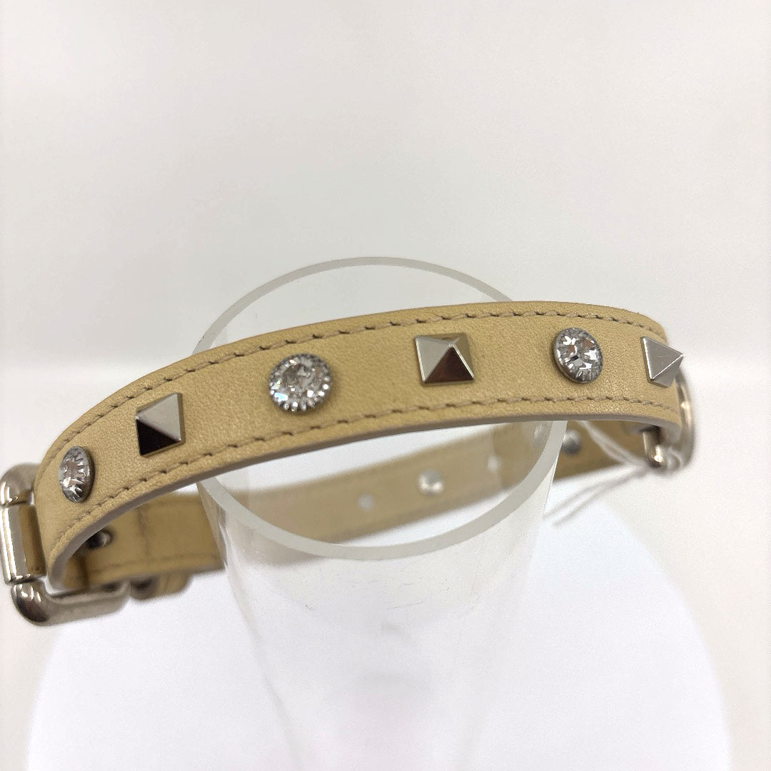 COLLIER CUIR SOUPLE BEIGE STRASS ET PYRAMIDES TAILLE 48 A 52 CM LARGEUR 1.5 CM