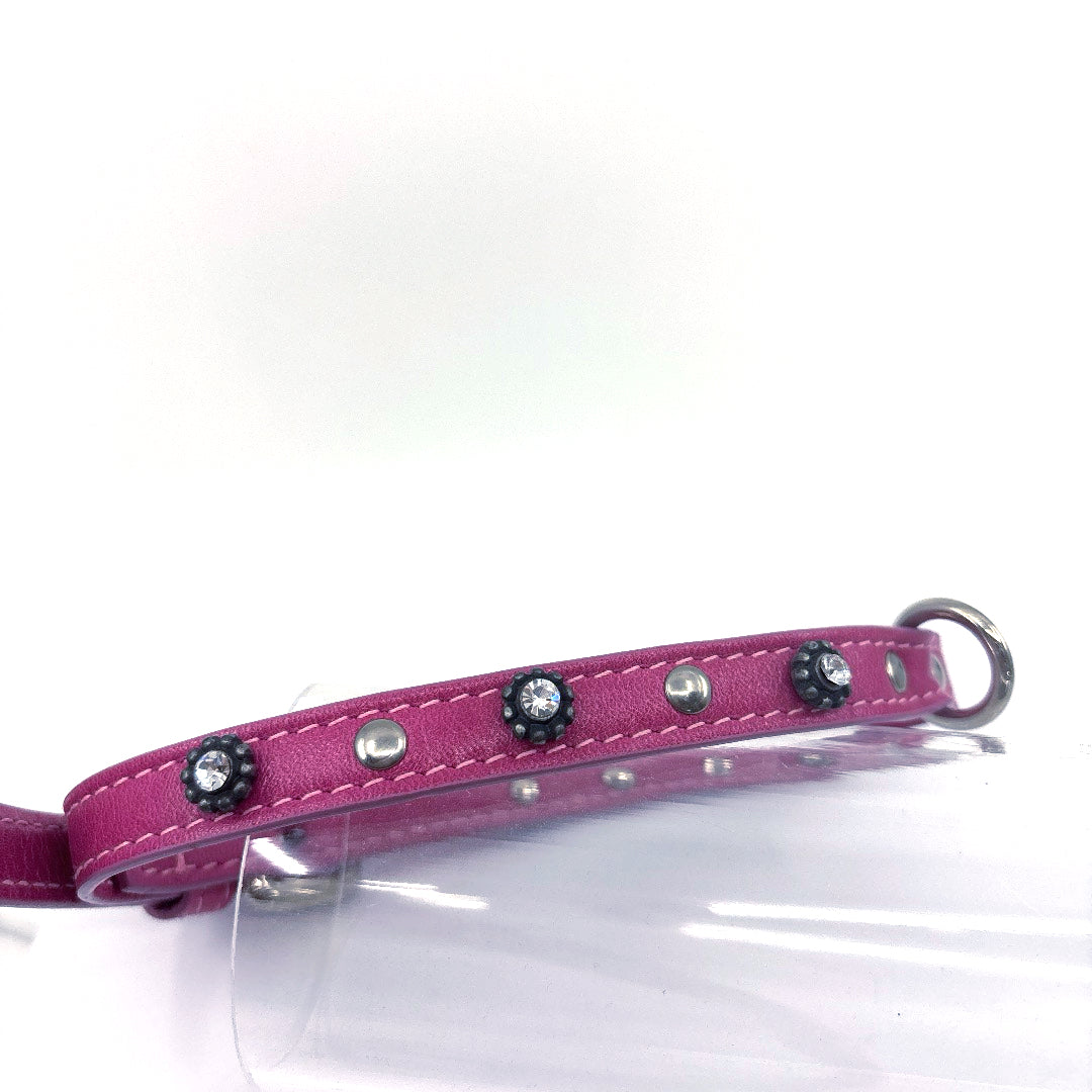 COLLIER CUIR SOUPLE ROSE DIAMAND ET FLEUR TAILLE 38 A 45 CM X 1 CM CHIEN MOYEN