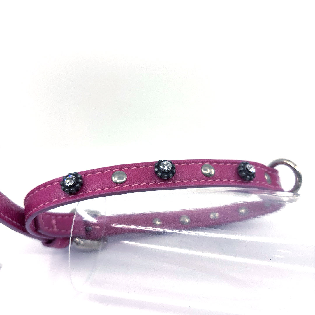 COLLIER CUIR SOUPLE ROSE DIAMAND ET FLEUR TAILLE 38 A 45 CM X 1 CM CHIEN MOYEN