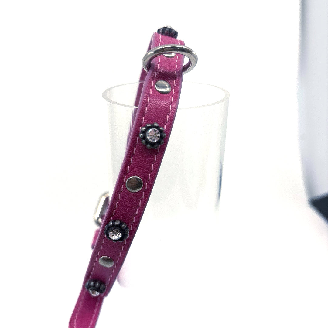 COLLIER CUIR SOUPLE ROSE DIAMAND ET FLEUR TAILLE 38 A 45 CM X 1 CM CHIEN MOYEN