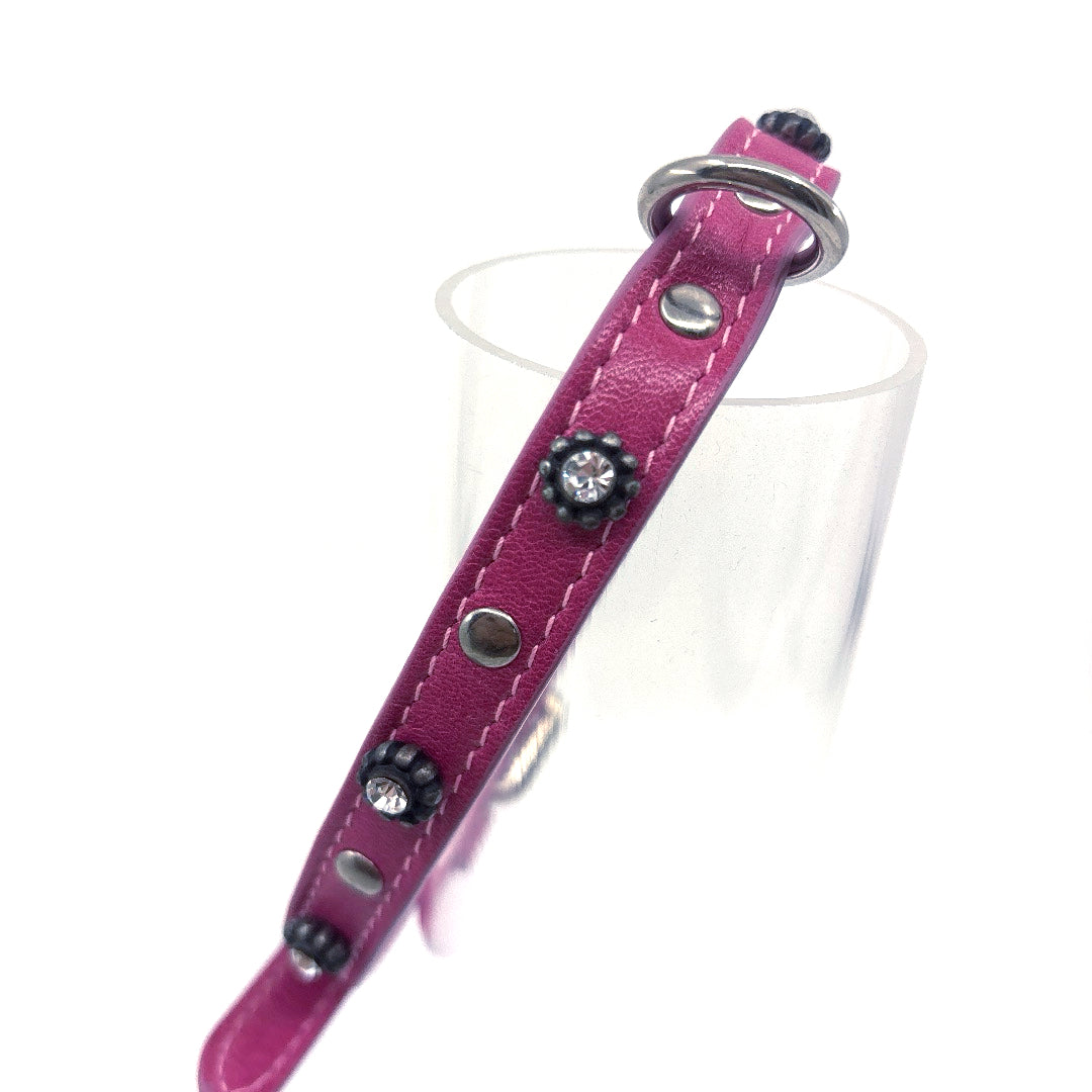 COLLIER CUIR SOUPLE ROSE STRASS ET FLEUR TAILLE 38 à 43 cm largeur 1 cm