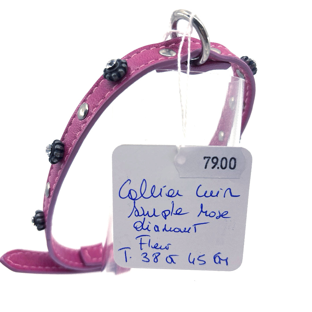 COLLIER CUIR SOUPLE ROSE DIAMAND ET FLEUR TAILLE 38 A 45 CM X 1 CM CHIEN MOYEN