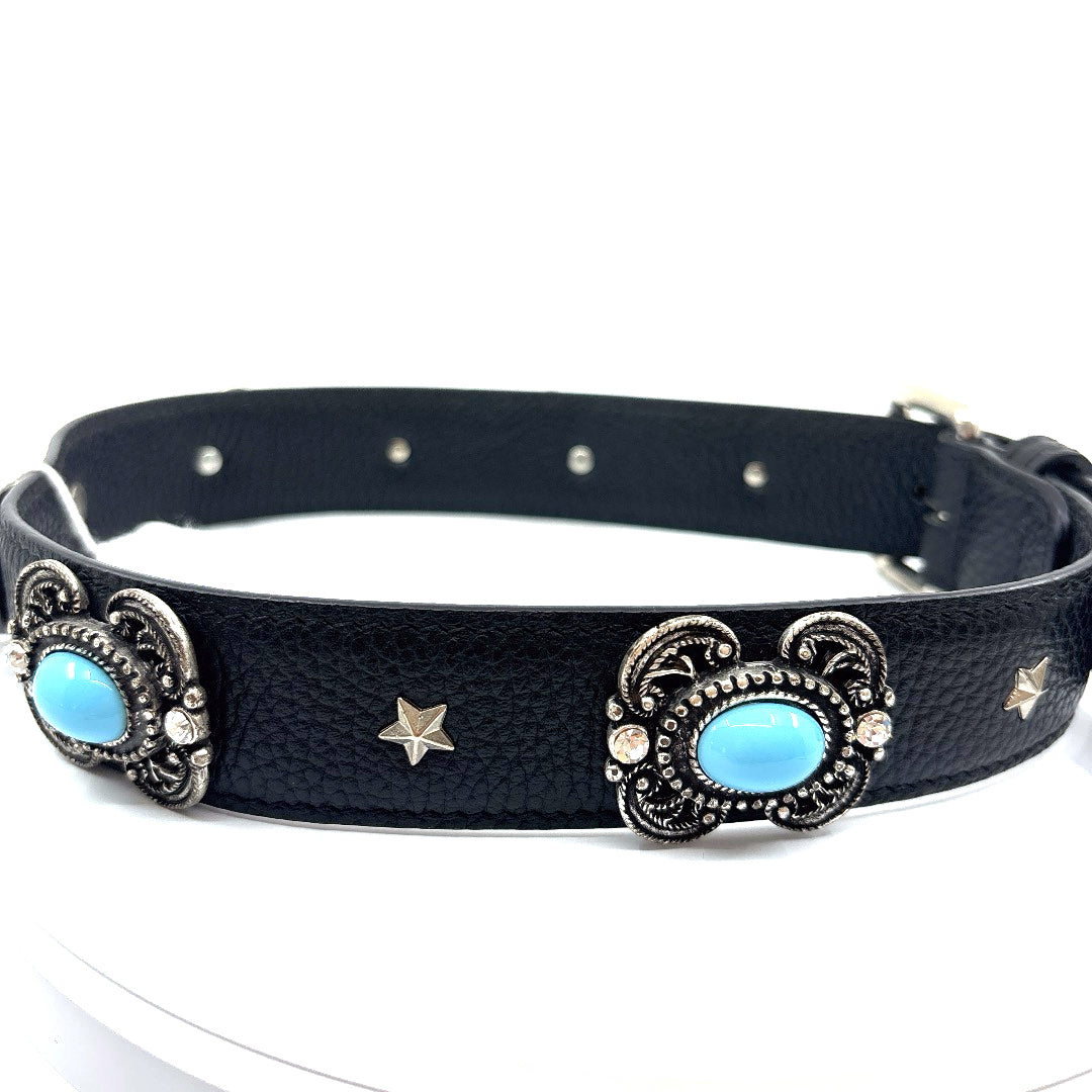 COLLIER CUIR SOUPLE NOIR CABOCHONS BLEU TURQUOISE TAILLE 55 A 62 CM X 4CM GRAND CHIEN