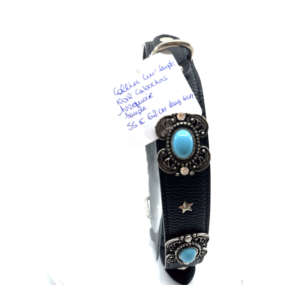 COLLIER CUIR SOUPLE NOIR CABOCHONS BLEU TURQUOISE TAILLE 55 A 62 CM X 4CM GRAND CHIEN