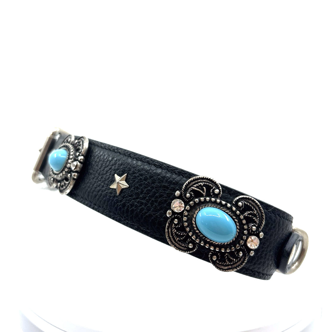 COLLIER CUIR SOUPLE NOIR CABOCHONS BLEU TURQUOISE TAILLE 55 A 62 CM X 4CM GRAND CHIEN