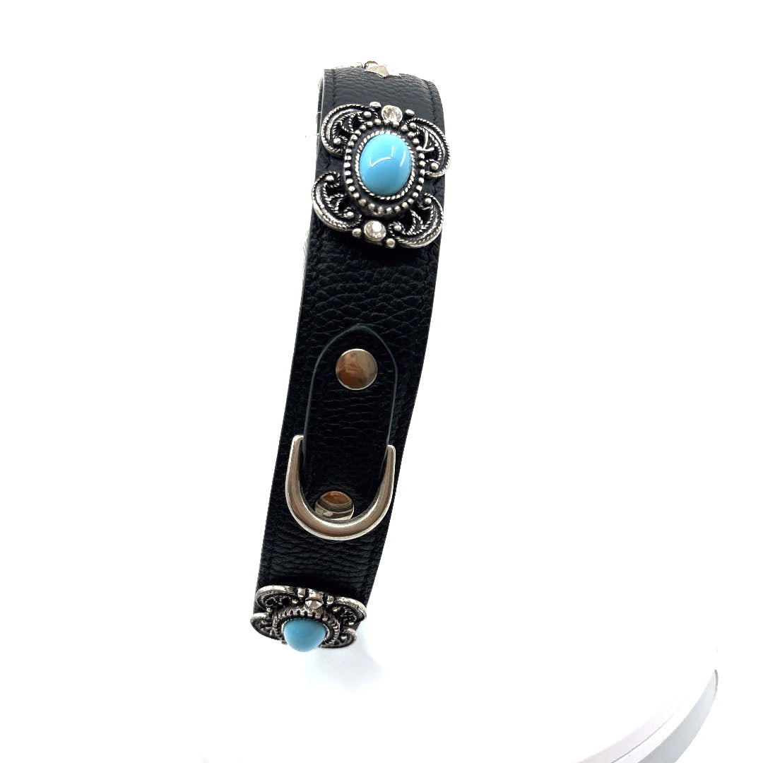 COLLIER CUIR SOUPLE NOIR CABOCHONS BLEU TURQUOISE TAILLE 55 A 62 CM X 4CM GRAND CHIEN