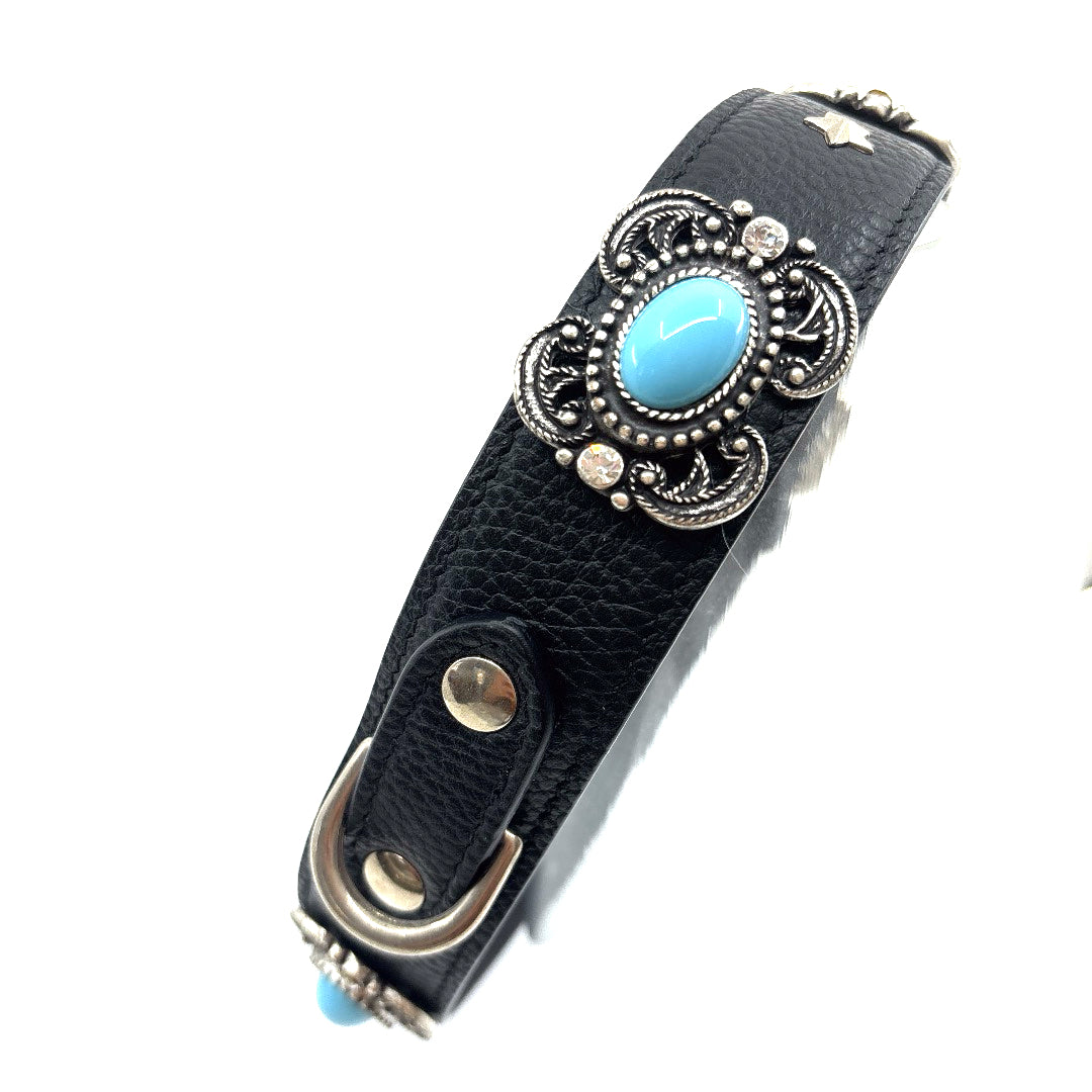 COLLIER CUIR SOUPLE NOIR CABOCHONS BLEU TURQUOISE TAILLE 55 A 62 CM X 4CM GRAND CHIEN