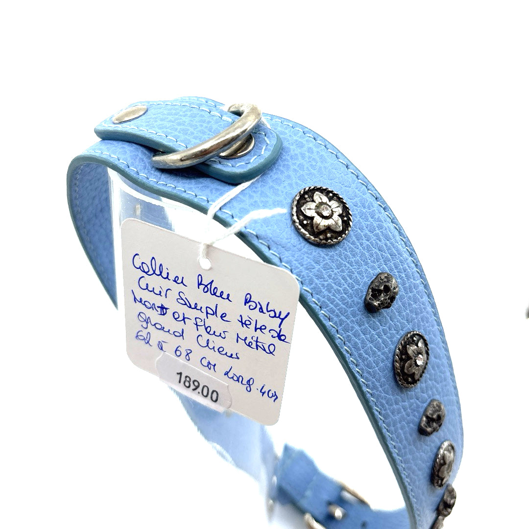 COLLIER CUIR SOUPLE BLEU BABY PETITE TETE DE MORD ET FLEUR METAL TAILLE 62 A 68 CM X 4 CM GROS CHIEN