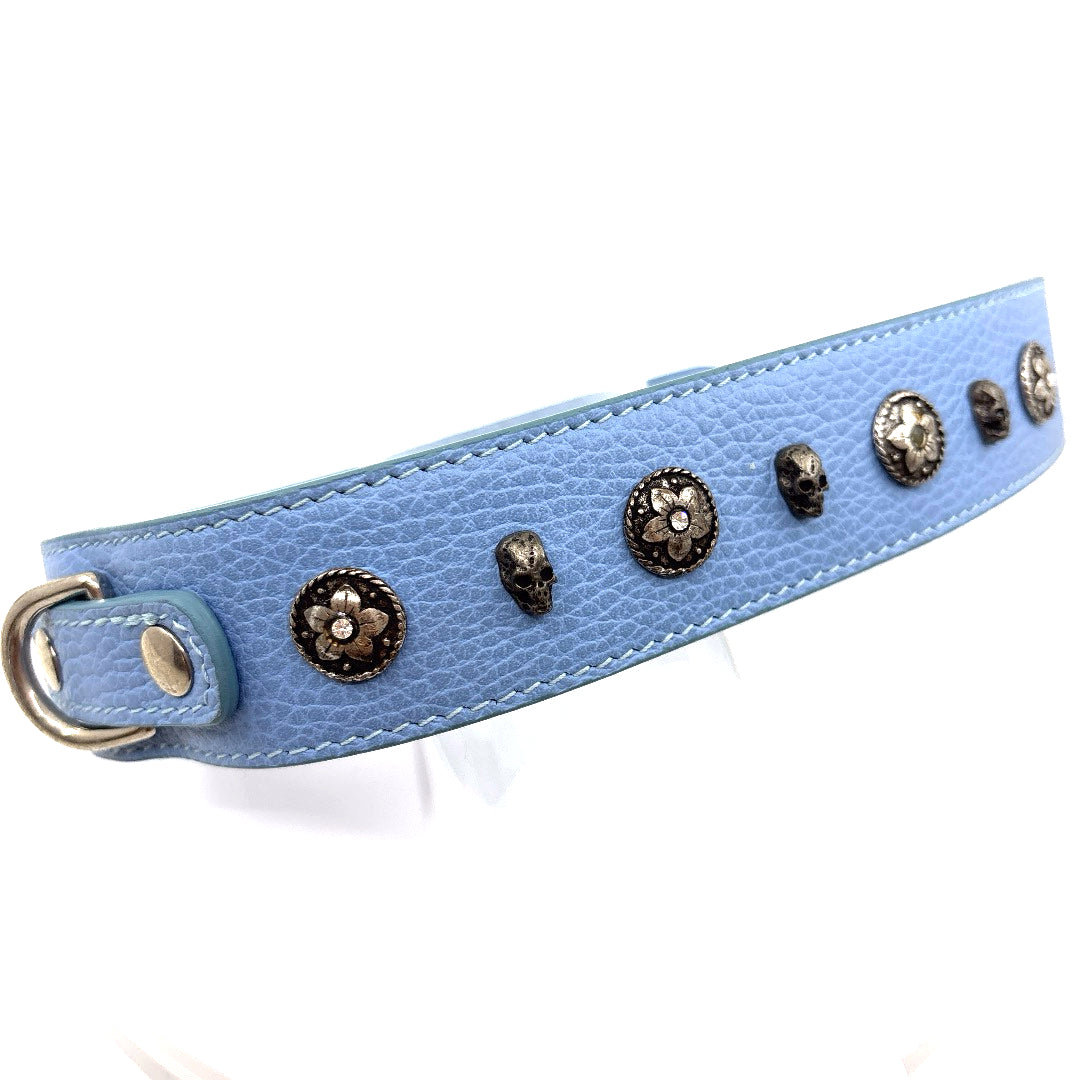 COLLIER CUIR SOUPLE BLEU BABY PETITE TETE DE MORD ET FLEUR METAL TAILLE 62 A 68 CM X 4 CM GROS CHIEN