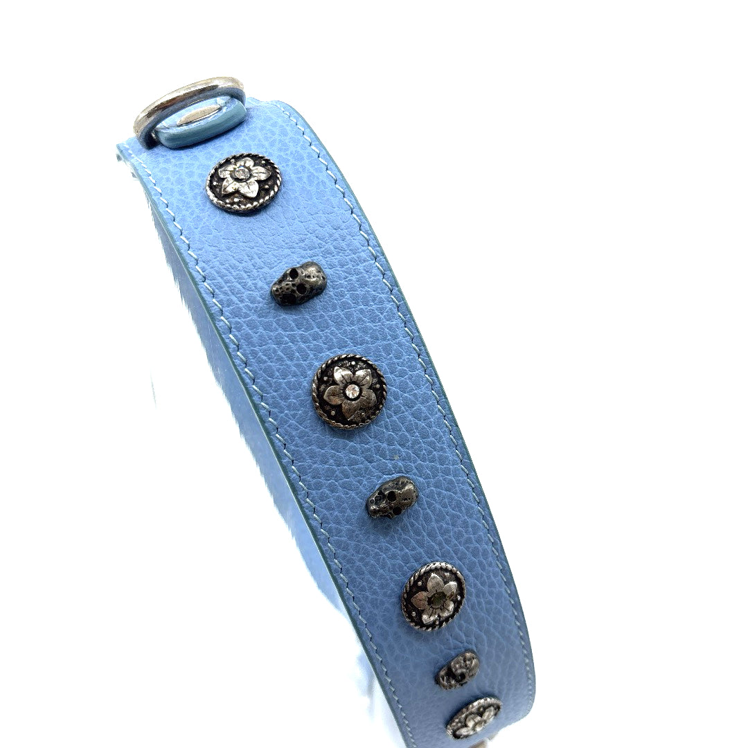 COLLIER CUIR SOUPLE BLEU BABY PETITE TETE DE MORD ET FLEUR METAL TAILLE 62 A 68 CM X 4 CM GROS CHIEN