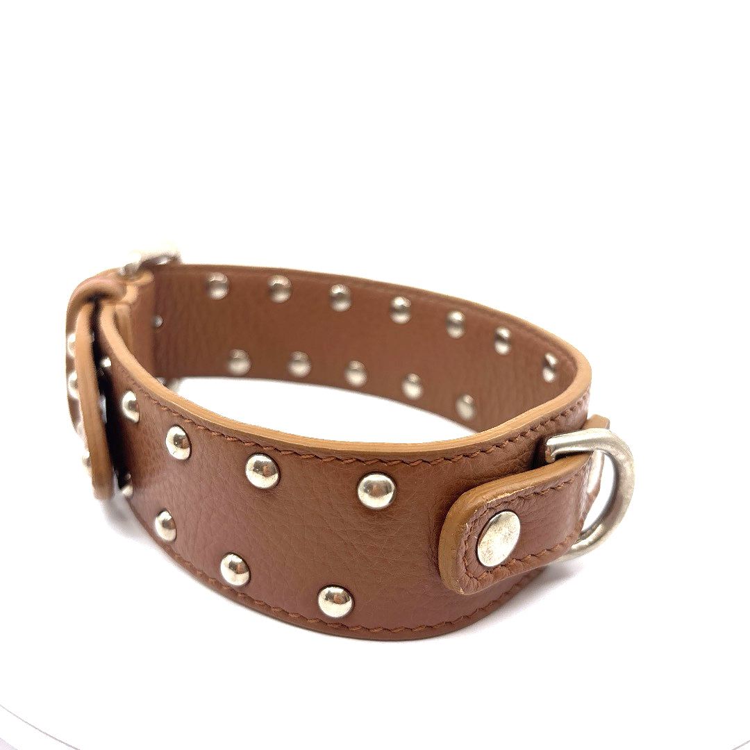 COLLIER CUIR SOUPLE CAMEL DECORARTION CLOUS RONDS TAILLE 37 A 42 CM LARGEUR 4 CM