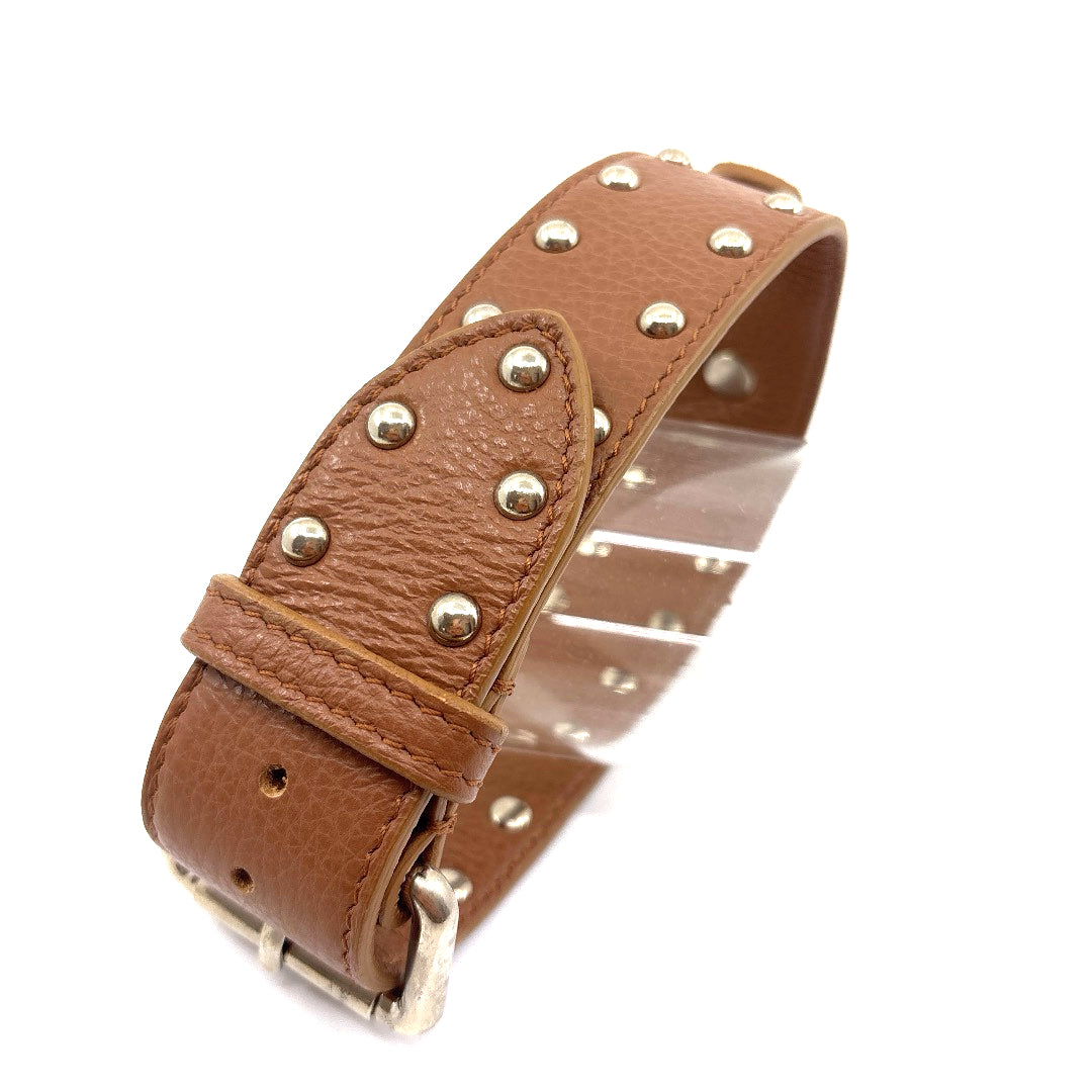COLLIER CUIR SOUPLE CAMEL DECORARTION CLOUS RONDS TAILLE 37 A 42 CM LARGEUR 4 CM