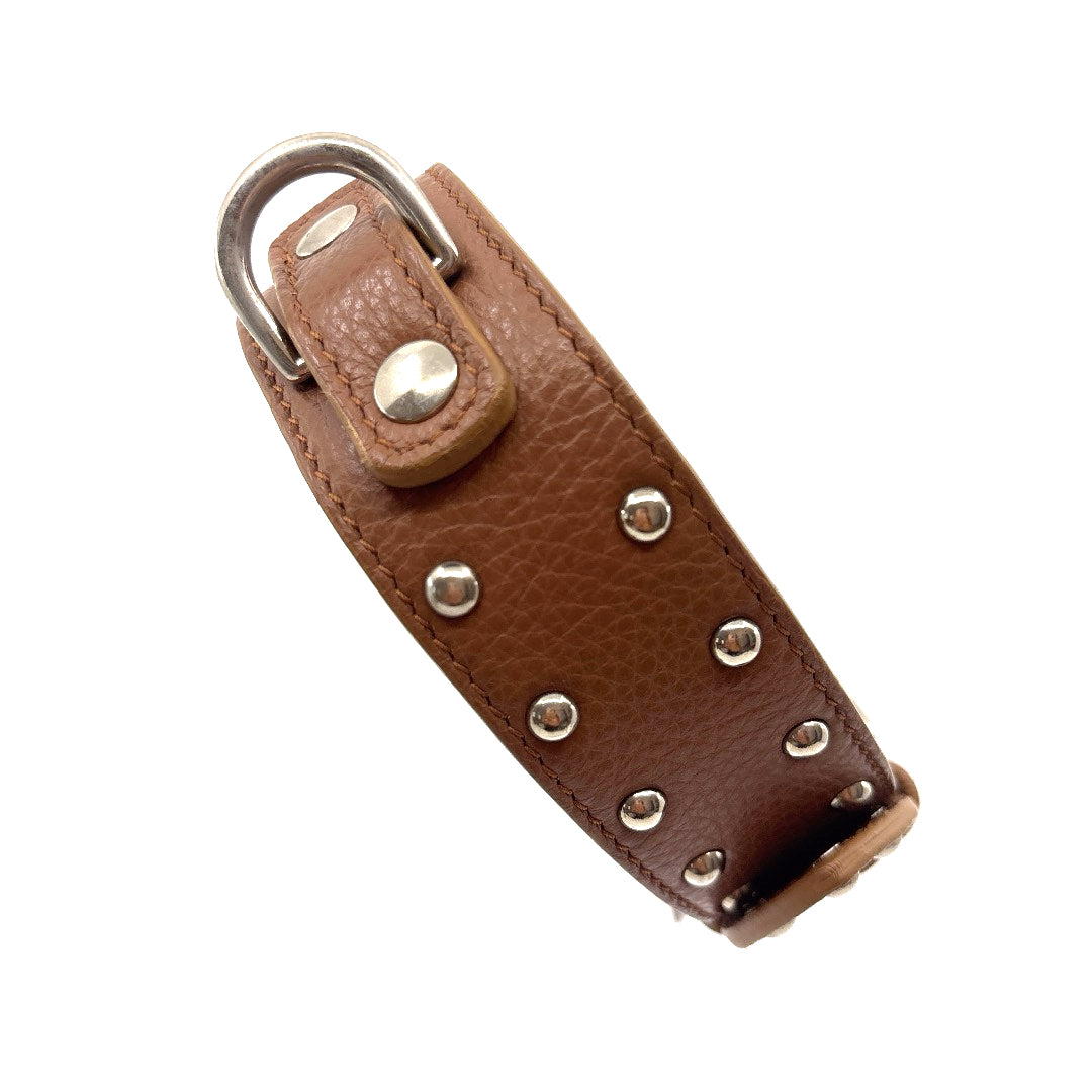 COLLIER CUIR SOUPLE CAMEL DECORARTION CLOUS RONDS TAILLE 37 A 42 CM LARGEUR 4 CM