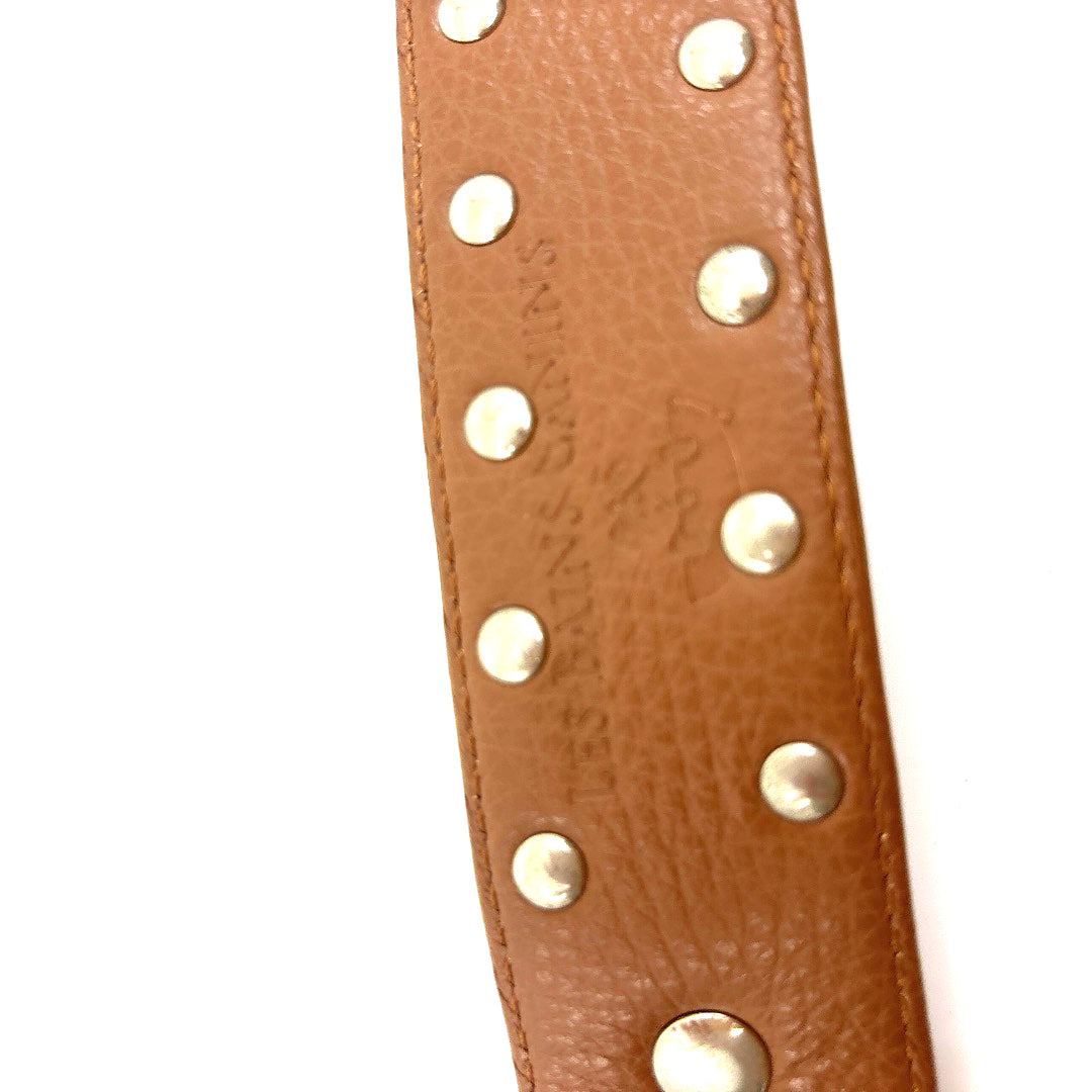 COLLIER CUIR SOUPLE CAMEL DECORARTION CLOUS RONDS TAILLE 37 A 42 CM LARGEUR 4 CM