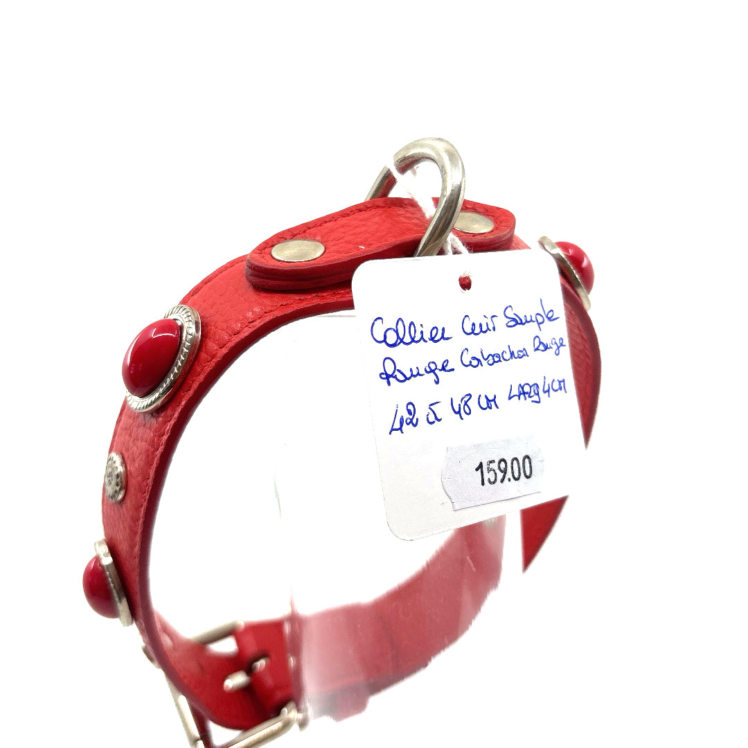 COLLIER CUIR SOUPLE ROUGE AVEC CABOCHON 42 A 48 CM LARGEUR 4 CM CHIEN TAILLE MOYENNE