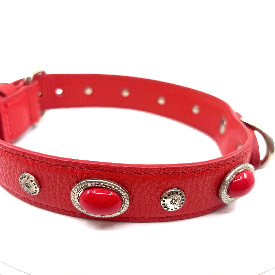COLLIER CUIR SOUPLE ROUGE AVEC CABOCHON 42 A 48 CM LARGEUR 4 CM CHIEN TAILLE MOYENNE
