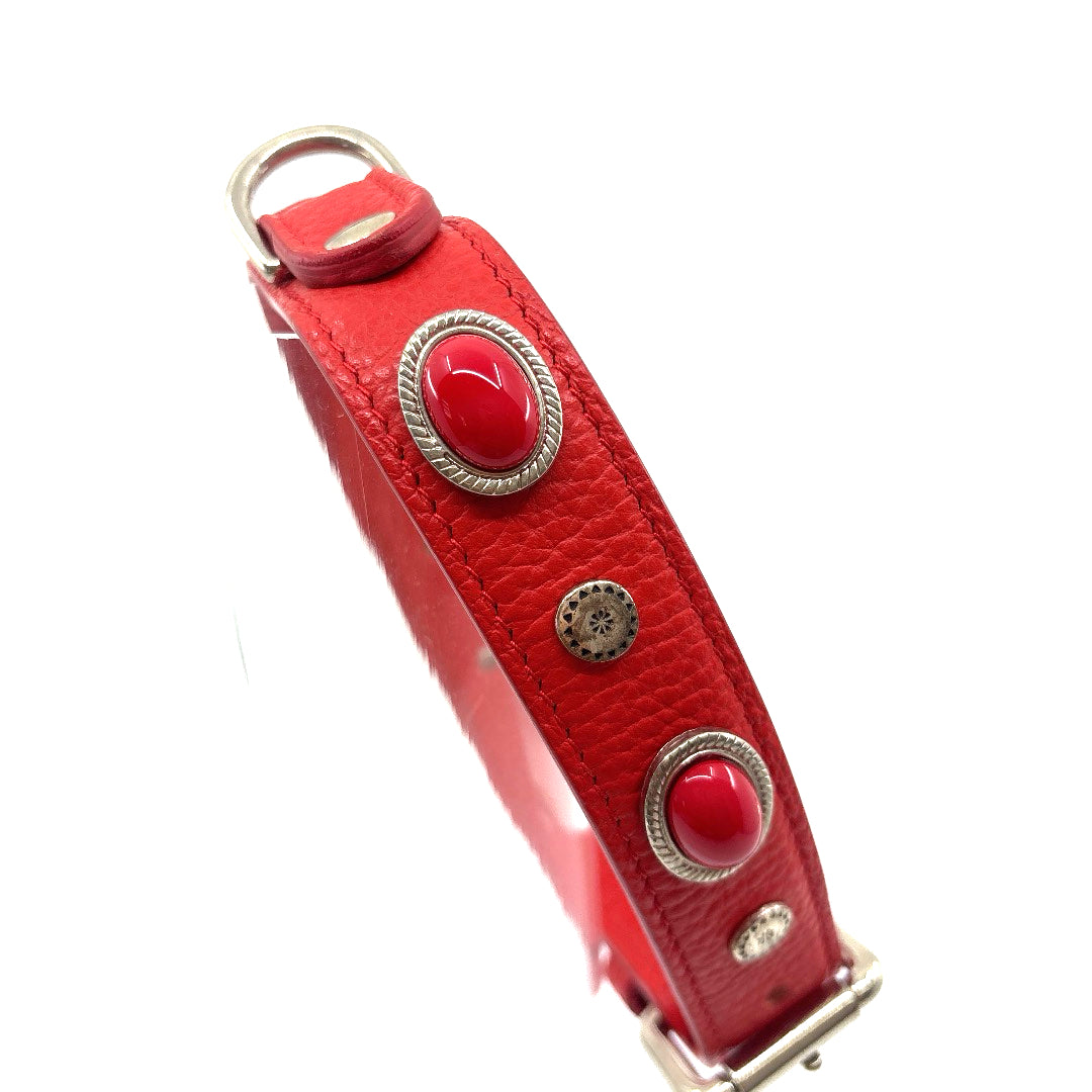 COLLIER CUIR SOUPLE ROUGE AVEC CABOCHON 42 A 48 CM LARGEUR 4 CM CHIEN TAILLE MOYENNE