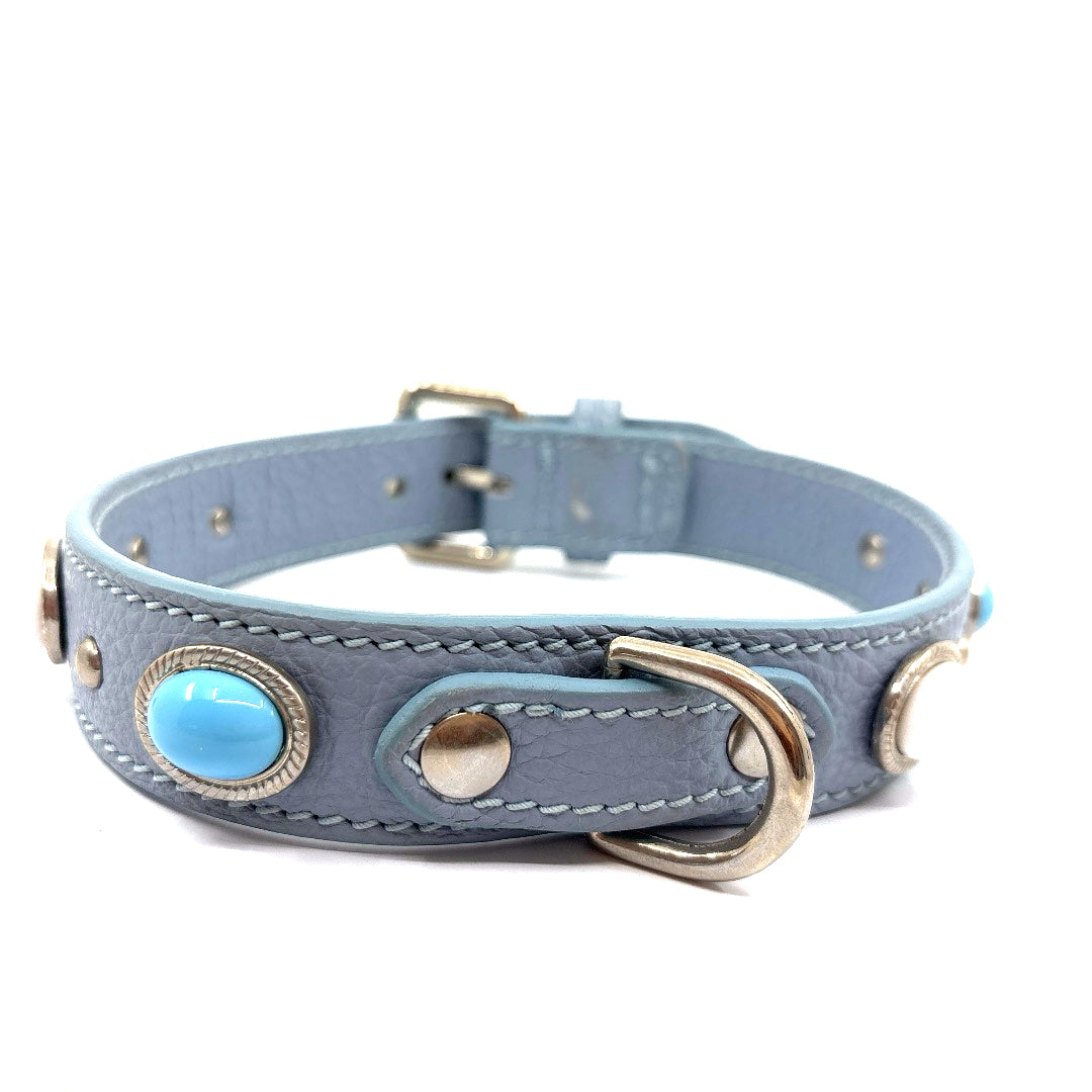 COLLIER CUIR SOUPLE BLEU BABY CABOCHON TURQUOISE ET BLANC 42 À 48 CM X 3 CM CHIEN MOYEN