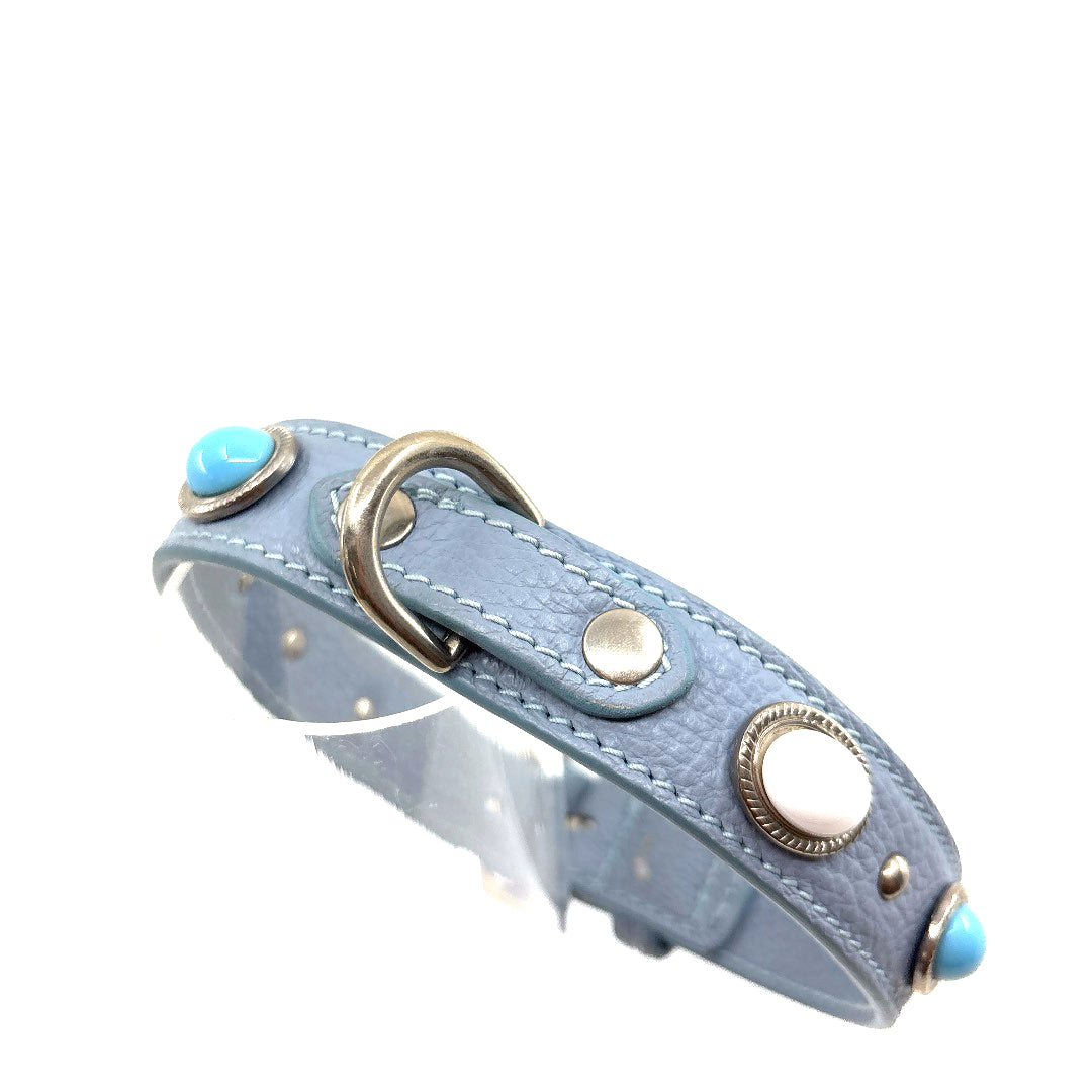 COLLIER CUIR SOUPLE BLEU BABY CABOCHON TURQUOISE ET BLANC 42 À 48 CM X 3 CM CHIEN MOYEN
