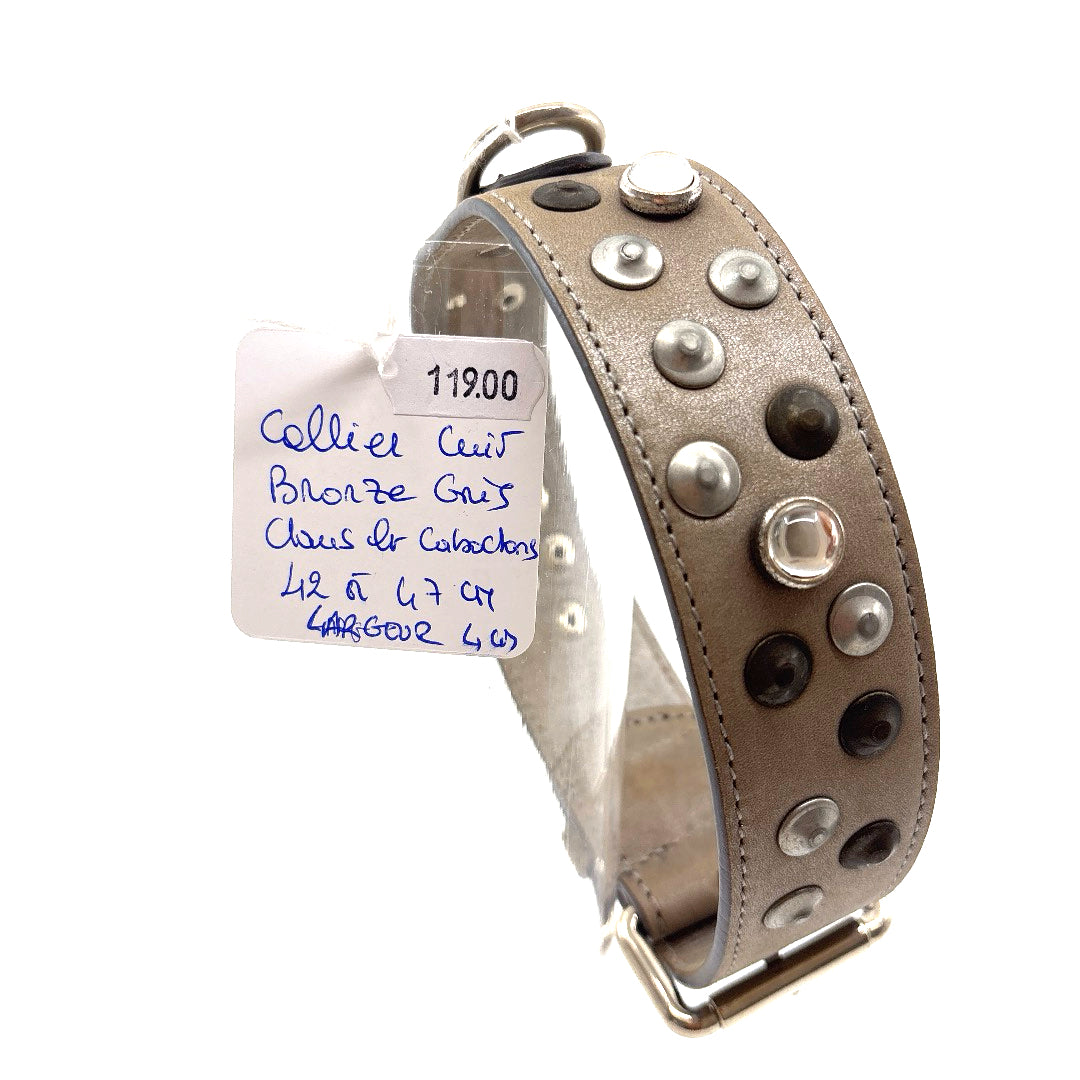COLLIER CUIR SOUPLE CABOCHON ET CLOUS BRONZE/GRIS CHIEN MOYEN
