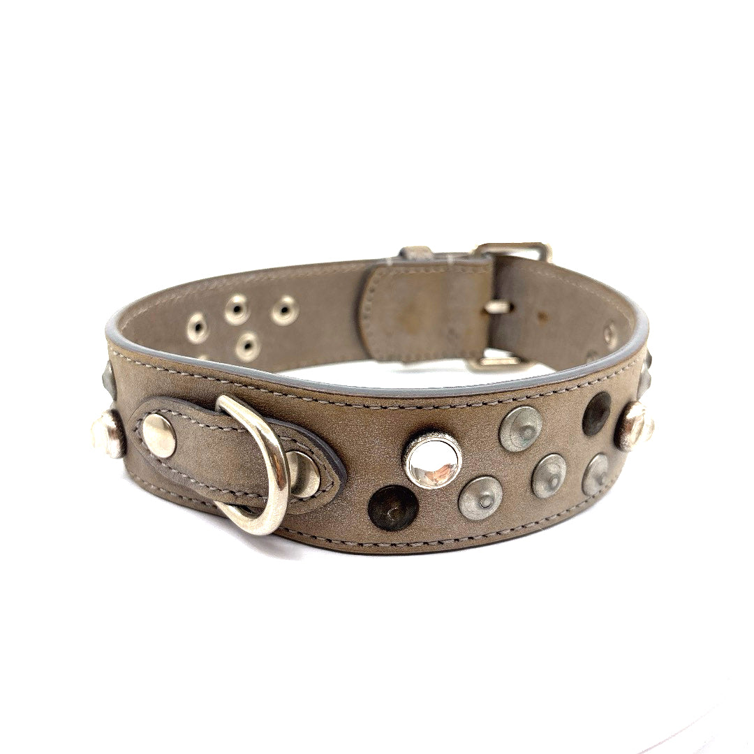COLLIER CUIR SOUPLE CABOCHON ET CLOUS BRONZE/GRIS CHIEN MOYEN