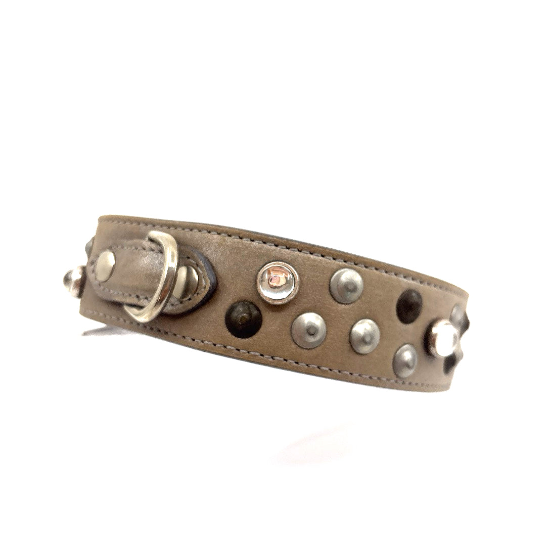 COLLIER CUIR SOUPLE CABOCHON ET CLOUS BRONZE/GRIS CHIEN MOYEN