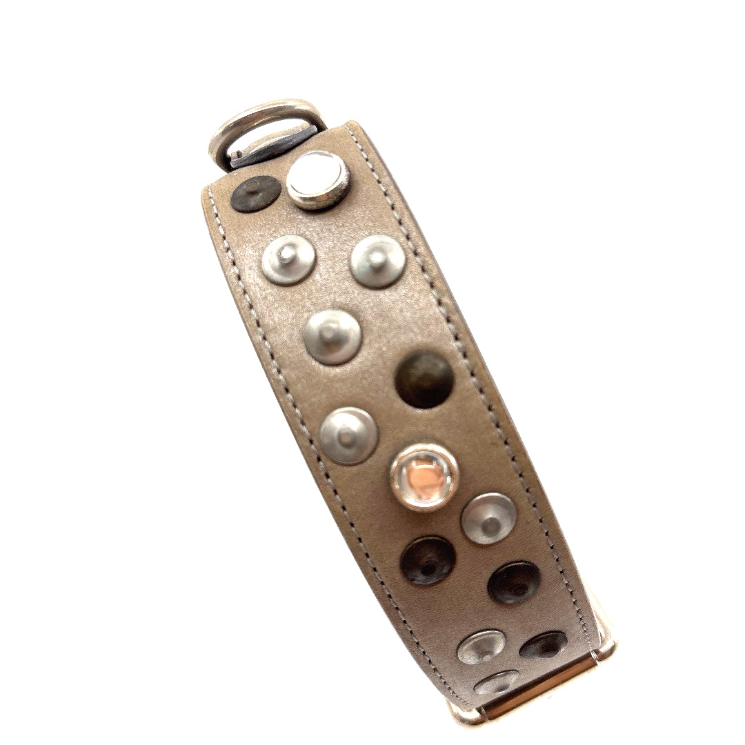 COLLIER CUIR SOUPLE CABOCHON ET CLOUS BRONZE/GRIS CHIEN MOYEN