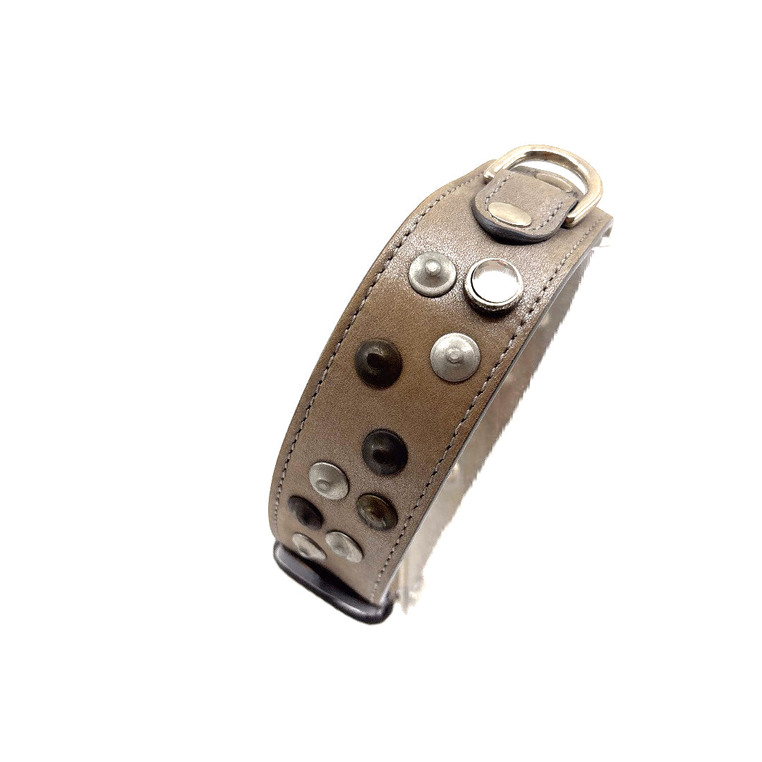 COLLIER CUIR SOUPLE CABOCHON ET CLOUS BRONZE/GRIS CHIEN MOYEN